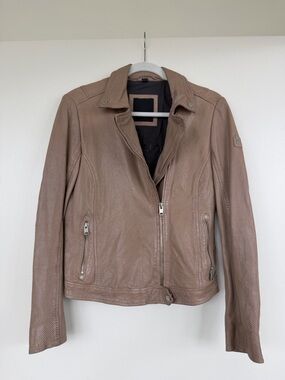 Women's Taupe Leather Moto Jacket with Asymmetrical Zip